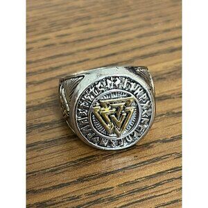 Nordic Viking Odin Runes Valkunt "Warrior's Heart" Antique Stainless Steel Ring